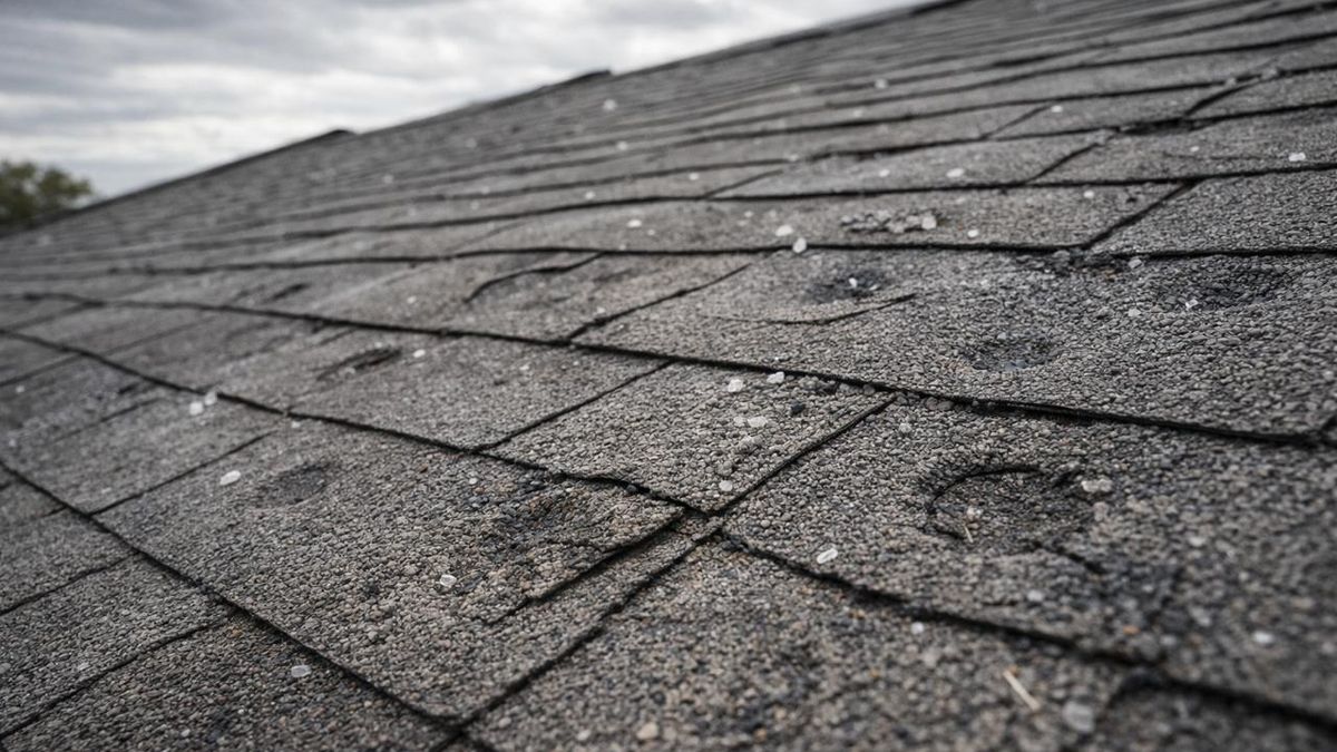 Hail-damaged roof shingles in DFW